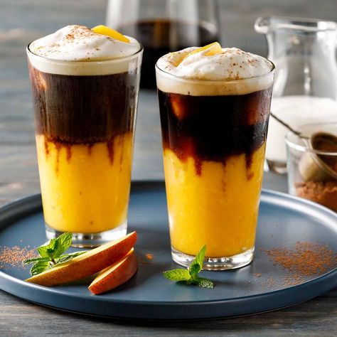 Smooth fruit flavor with a kick of caffeine and sweet cream to get you going in the morning, or any time of day. Fruity Coffee Drinks, Coffee Mocktail Recipe, Coffee Flavor Ideas, Cold Coffee Drinks Recipes, Mango Coffee, Smoothie Coffee, Mango Drink, Cafe Drinks, Fruit Coffee