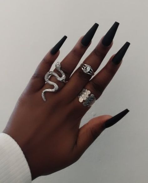 • Shein Long Black Gel Nails, Black Nail Designs Coffin Art Ideas, Black Coffin Acrylics, Basic Baddie Nails Black, Matte Black Coffin Acrylic Nails, Black Nails On Black Woman, Ballerina Nails Black, Xl Ballerina Nails, Sylvia Core