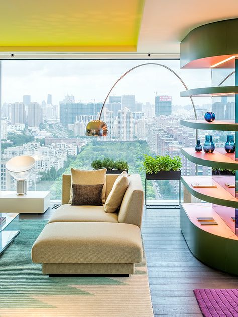 Ippolito Fleitz Creates Chromatic Spaces Inside This Apartment In Shanghai Colorful Living Room, Yellow Ceiling, Vibrant Living Room, Soft Furniture, Space Apartments, Colourful Living Room, Curved Walls, Beige Sofa, Space Pictures