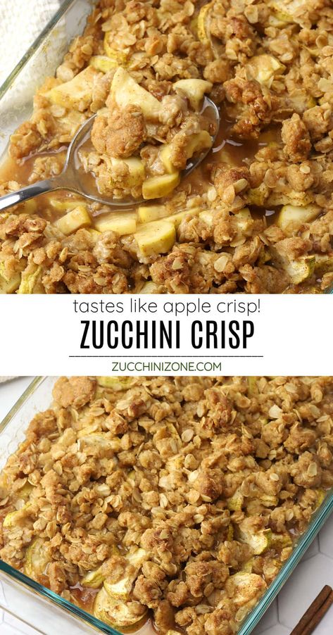 Make a sweet zucchini crisp with those extra garden zucchini - it tastes just like apple crisp! Sliced zucchini, brown sugar, lemon juice, and cozy fall spices are tossed together and topped with a crunchy oat crumble. Apple Zucchini Crisp, Mock Apple Crisp With Zucchini, Zucchini Crisp Dessert, Zucchini Apple Crisp, Zucchini Crumble, Zucchini Crisp, Zucchini Desserts, Homestead Cooking, Garden Zucchini