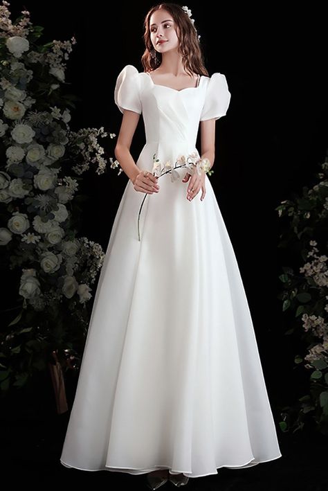 10% off now|Buy pretty white aline long satin wedding party dress with bubble sleeves at wholesale price online. Free shipping and pro custom service since 2009. Dress Pengantin, Delicate Gown, Confirmation Dresses, Civil Wedding Dresses, Modest Dresses Casual, White Long Sleeve Dress, Wedding Party Dress, White Gowns, Satin Prom Dress