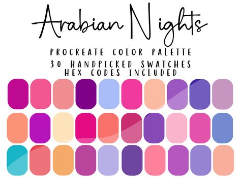 Arabian Nights Procreate Color Palette | Bright Color Palette | Canva | Photoshop | HEX Code | Graphic Art Tools | Popular Colors | Colorful by MagnoliaandMill on Etsy Arabian Nights Color Palette, Arabian Color Palette, Eye Catching Color Palette, Bright Color Art, Color Palette Canva, Party Color Palette, Bright Color Pallets, Bright Color Palette, Procreate Color Palette