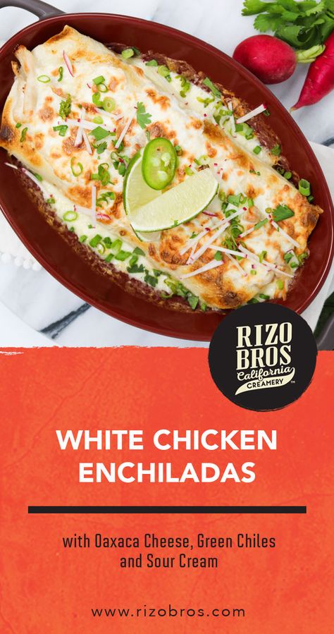 These White Chicken Enchiladas are made with flour tortillas, shredded chicken, green chiles and topped with our delicious Oaxaca cheese! Oaxaca Cheese Enchiladas, Oaxaca Cheese Recipes, Dude Food, White Chicken Enchiladas, Oaxaca Cheese, Cheese Enchiladas, Tex Mex Recipes, Enchilada Recipes, Chicken Enchiladas