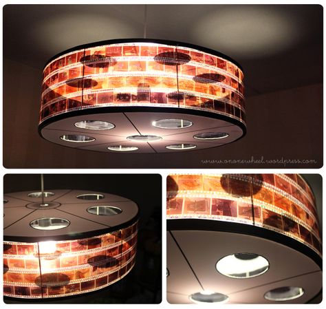 DIY Film strip lamp - save a lampshade frame destined for the trash, plus photographic negatives and turn it into an artsy lamp for the media room. Diy Film Reel, Home Movie Room, Movie Room Diy, Camera Decor, Movie Reels, Photo Negative, Film Reel, Contemporary Curtains, Diy Light Fixtures