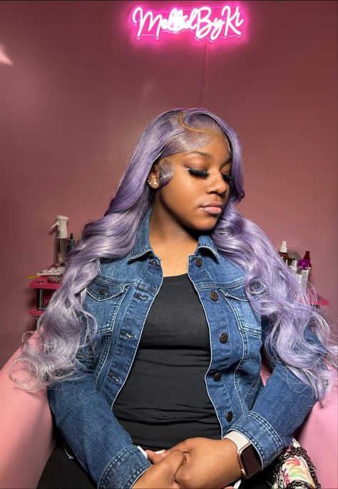 Platinum Purple Hair Silver Lavender, Icy Purple Hair, Icy Purple Blonde Hair, Junior Hairstyles, Platinum Purple Hair, Purple Lace Wig, Side Part Curls, Ash Purple Hair, Lavender Hair Ideas