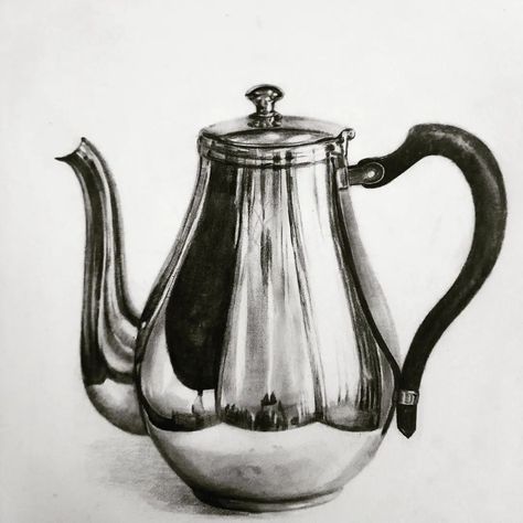 kettle drawing Charcoal Object Drawing, Random Objects Drawing, Kettle Sketch, Tea Pot Drawing, Kettle Drawing, Pot Sketch, Still Life Pencil Shading, Teapot Drawing, Charcoal Artwork