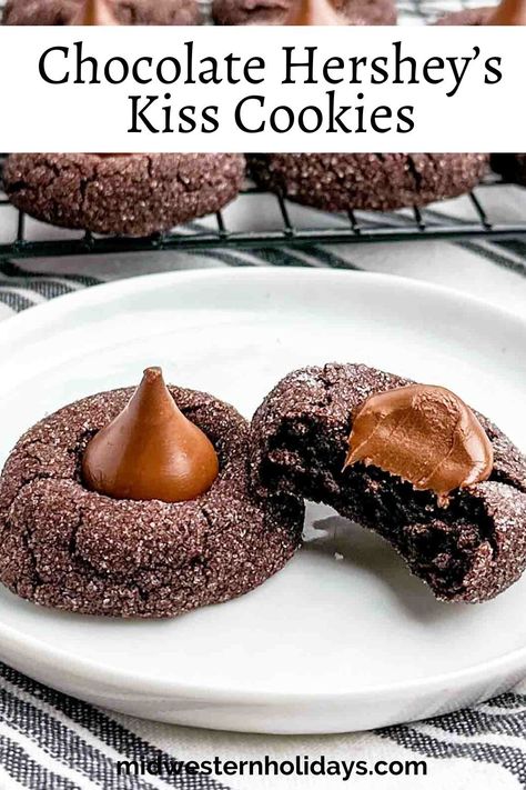 Chocolate Blossom Cookies with Hershey's Kisses are the ultimate chocolate lover’s treat! These chewy chocolate kiss cookies are a festive favorite for Christmas cookie trays or a sweet Valentine’s Day dessert. Save this recipe for your holiday baking! Sugar Blossom Cookies Chocolate Kisses, Hershey Kisses Thumbprint Cookies, Classic Cookie Recipes, Hershey Kiss Cookies Recipe, Chocolate Blossom Cookies, Chocolate Blossoms, Kiss Cookie Recipe, Chocolate Kiss Cookies, Hershey Kiss Cookies