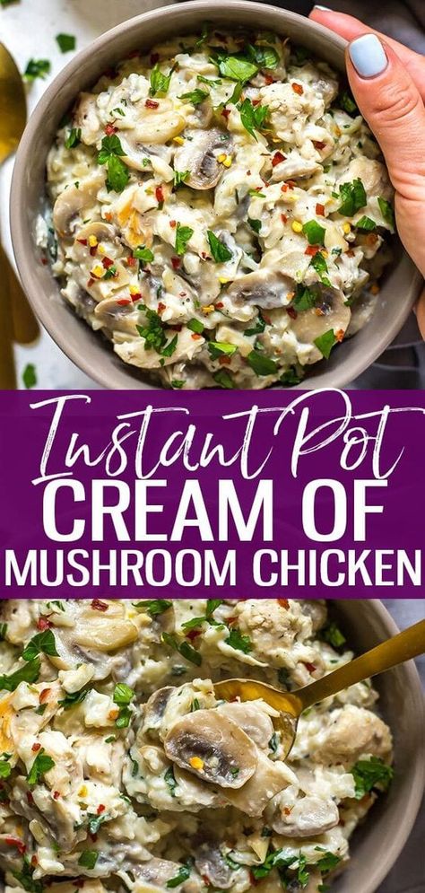 Instant Pot Cream of Mushroom Chicken Instant Pot Chicken Mushroom Rice, Cream Of Mushroom Chicken And Rice Instant Pot, Chicken Mushroom Spinach Instant Pot, Chicken And Mushroom Recipes Instant Pot, Chicken And Rice Casserole Recipes Cream Of Mushroom Instant Pot, Cream Of Mushroom Chicken Instant Pot, Cream Of Mushroom Chicken, Riced Cauliflower, Favorite Casseroles