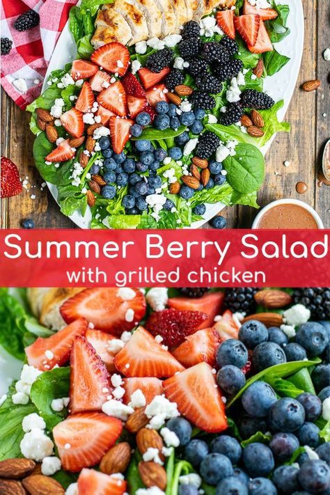 Salad Recipes With Fruit And Chicken, Chicken And Fruit Salad Recipes, Spring Mix Salad Recipes Grilled Chicken, Summer Tossed Salad Recipes, Summer Grilled Chicken Salad, Berry Chicken Salad, Heart Healthy Salads, Famous Salads, Chicken Berry Salad