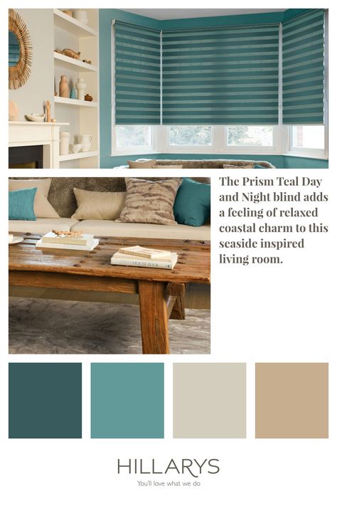 Breathe new life in to your living room with the Prism Teal blind. Day and Night blinds are a great way to maintain privacy and control light level. They can be operated with a standard pull-cord or chain, or via remote control with our clever motorisation. View our range of Day & Night Blinds. Teal And Cream Living Room, Blue Cream Living Room, Blue And Cream Living Room, Day And Night Blinds, Olive Living Rooms, Cream Living Room, Tan Living Room, Blue Gray Paint Colors, Teal Living Rooms