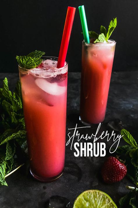 Shrubs Drink Recipes, Strawberry Basil Smash Cocktails, Strawberry Basil Mocktail, Strawberry Shrub Cocktail, Raspberry Shrub Cocktail, Shrub Drink, Mixed Drinks Alcohol, Mocktail Recipe, Drinks Alcohol Recipes