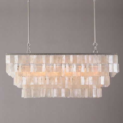 Linear Capiz Chandelier, Light Above Kitchen Table Coastal, Capiz Pendant Light Kitchen, Mother Of Pearl Light Fixtures, Dining Room Table Light Fixture Coastal, Mother Of Pearl Chandelier, Large Dining Room Light, Dinner Table Lighting Fixture, Two Lights Over Dining Table