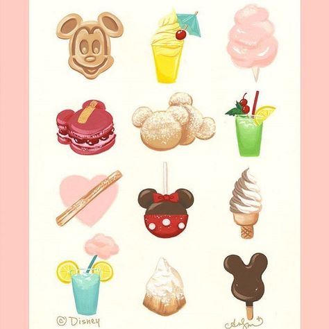 We are obsessed with Disney snacks! Which one is your favorite? Art by @anndanger Available for purchase at Disneyland #disneysnack… Cheer Box, Disney Doodles, Disney Room Decor, Beginner Tattoos, Tema Disney, Disney Treats, Disneyland Food, Disney Paintings, Disney Rooms