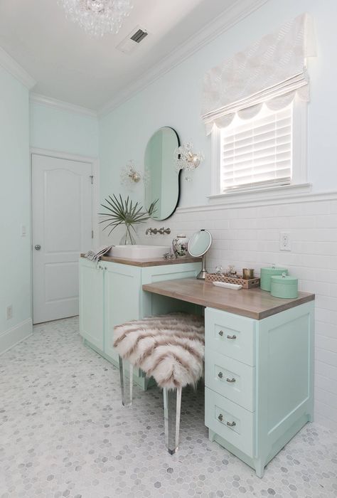 Vanity – Sherwin-Williams “Waterfall” (SW 6750) Coastal Bathroom Decor, Kitchen Wall Cabinets, House Bathrooms, House Of Turquoise, Coastal Bathrooms, Master Decor, Beach Cottage Decor, Diy Bathroom Decor, Blue Bathroom