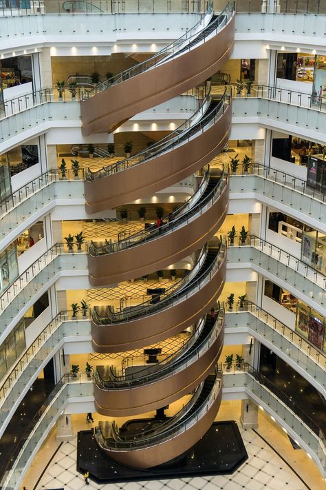 Spiral Escalator In Shanghai  | In China? Try www.importedFun.com for award winning kid's science | سلالم حلزونية, Shopping Mall Interior, Shopping Mall Design, Spiral Staircases, Mall Design, Stairway To Heaven, Shopping Malls, Spiral Staircase, Staircase Design