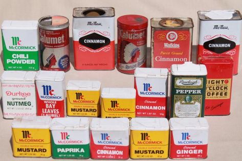 vintage spice tins collection, old advertising tin metal boxes for spices Vintage Spice Tins, Mccormick Spice, Old Advertising, Spice Tins, Spice Bottles, Spice Containers, Spice Box, Tin Metal, Cinnamon Powder