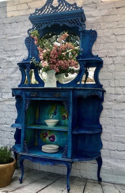 Blue Edwardian Antique Etagere Vitrine Cabinet Display Farmhouse Dresser Buffet Mirror Carved Hallwa Cheap Outdoor Furniture, Farmhouse Dresser, Painted Sideboard, Bookcase Decor, Blue Furniture, Antique Cabinets, Indian Home Decor, Refurbished Furniture, French Country Decorating