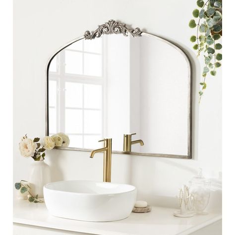 Kate and Laurel Arendahl Traditional Arch Wall Mirror, 19 x 31, Antique White, Vintage Glam Baroque-Inspired Arched Bathroom Vanity Mirror with Ornate Crown Arch Wall Mirror, Arch Wall, Mirror Bed, Arched Mirror, Arch Mirror, Mirror Shop, Accent Mirror, Vintage Glam, Framed Mirror Wall