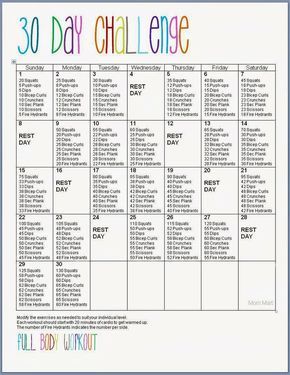 Free Printable: 30 Day Full Body Fitness Challenge Abs, Thighs, Butt, Arms great little starter Full Body Workout Challenge, 30 Day Fitness Challenge, Month Workout Challenge, Fitness Challenges, Plank Challenge, 30 Day Fitness, Mommy Workout, Stephen Covey, 30 Day Workout Challenge