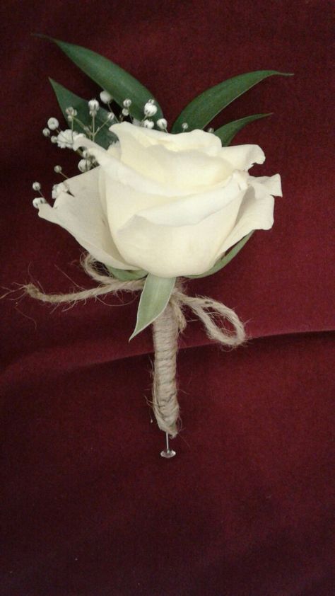 Fresh cream rose button hole with string detail and bow Rose Button Holes Wedding, Green And White Button Holes, Cream Rose Boutonniere, Ivory Rose Boutonniere, White Rose Button Hole, White Garden Rose Boutonniere, White Rose Buttonhole, Bellas Wedding, White Rose Boutonniere