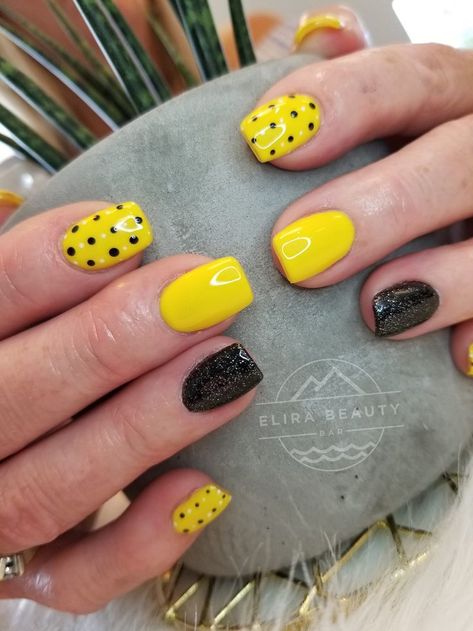 Black and White Polka Dots | Yellow nails design, Cute gel nails, Minx nails Summer Yellow Nails, Toe Colors, Dot Nail Designs, Yellow Nails Design, Waxing Services, Fingernail Designs, Hair Mistakes, Minx Nails, Polka Dot Nails