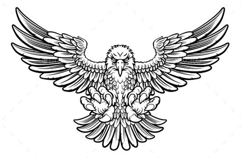 Woodcut style American bald eagle mascot swooping with talon claws forward and wings spread Tato Geisha, Eagle Chest Tattoo, Adler Tattoo, Black And White Tattoos, Sports Mascot, Angry Animals, White Tattoos, Eagle Drawing, Eagle Mascot