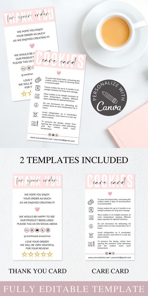 Cookie Care Card Template I Canva Template I Cookie Thank You - Etsy Frozen Cookies, Startup Business Plan, Price List Template, Cookie Business, Storing Cookies, Airtight Containers, List Template, Care Card, Start Up Business