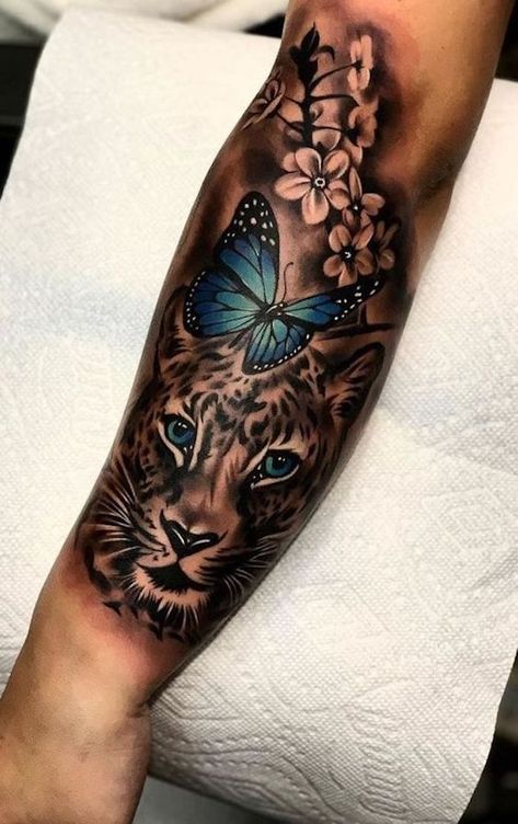 Jaguar and butterfly forearm tattoo for men Ignorant Tattoo, Tattoo Canvas, Unique Half Sleeve Tattoos, Arm Sleeve Tattoos For Women, Leopard Tattoos, Hip Thigh Tattoos, Mommy Tattoos, Forarm Tattoos, Tattoos For Women Half Sleeve