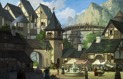 Mountain Village- Illust version, JiWon So on ArtStation at https://www.artstation.com/artwork/R8b3A Fantasy Setting Village, Village Drawing, Fantasy Village, Anime Places, Fantasy Town, Château Fort, Location Inspiration, Fantasy City, Fantasy House