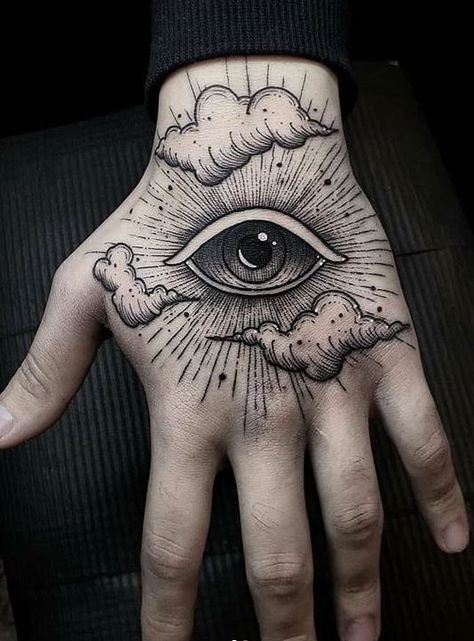 145 Very Dark & Creative Blackwork Tattoos - Tattoo Me Now Back Of Hand Tattoos, Seeing Eye Tattoo, Eye Tattoo Meaning, Unique Hand Tattoos, All Seeing Eye Tattoo, Full Hand Tattoo, Tato Minimal, Palm Tattoos, Hand Tattoos For Women