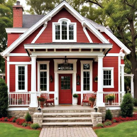 40 Exterior House Colors & Schemes for Lasting Beauty Red House With Black Windows, Red Cottage Exterior, Colorful Farmhouse Exterior, White House Red Roofs, Bright Colored Houses Exterior, Red Siding House Exterior, Red House Exterior, Farmhouse Exterior Colors, Best Exterior House Paint