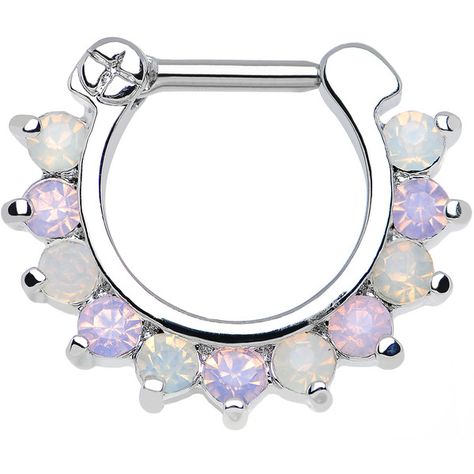 16 Gauge 5/16" Alluring Faux Opal and Light Purple Gem Septum Clicker ❤ liked on Polyvore featuring piercings Cute Septum Rings, Daith Ring, Stretched Septum, Septum Piercing Jewelry, Daith Jewelry, Septum Nose Rings, Septum Rings, Septum Piercings, Piercings Unique