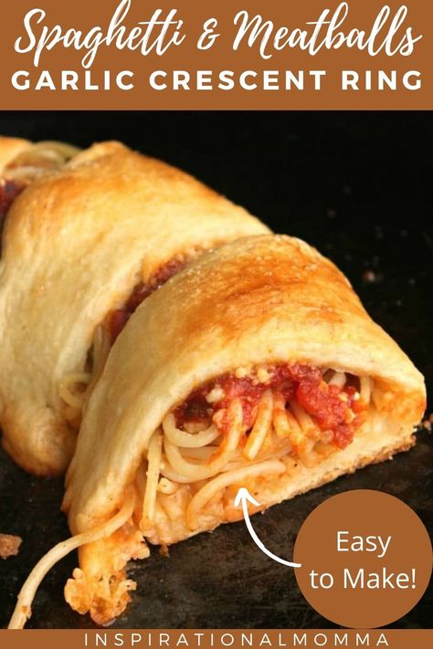 This Spaghetti & Meatball Garlic Crescent Ring is a perfect opportunity to start making your own memories. Each step is so simple, and the end result is so yummy. If your children are anything like mine, they will enjoy making this recipe ALMOST as much as they like eating it. #spaghetti&meatball #garliccrescentring #easytomake #crowdpleaser #inspirationalmomma Crescent Rings, Parmesan Meatballs, Skillet Dishes, Crescent Ring, Pie Crusts, Crescent Roll Recipes, Meatballs Recipe, Spaghetti And Meatballs, Party Foods