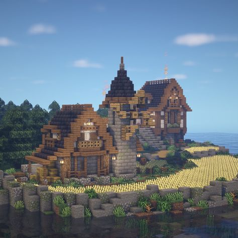 Minecraft A Medieval Windmill House Minecraft Farm Design, Medieval Windmill, Medieval Farmhouse, Minecraft Farm House, Minecraft Farmhouse, Minecraft Kingdom, Minecraft Building Guide, Windmill House, Rumah Minecraft Sederhana