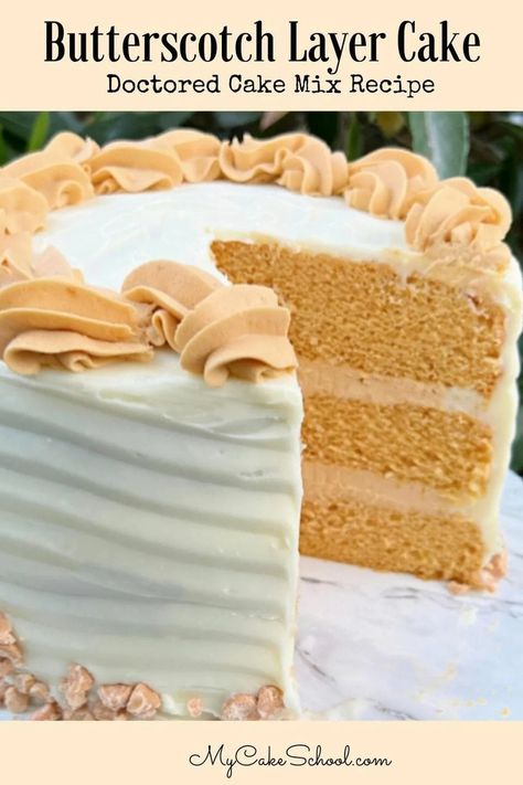 Butterscotch Cake (Doctored Cake Mix Recipe) | My Cake School My Cake School, Doctored Cake Mix Recipes, Cake Mix Doctor, Cake Mix Recipe, Doctor Cake, Cream Cheese Frosting Cake, Butterscotch Cake, Inside Cake, Pudding Cake