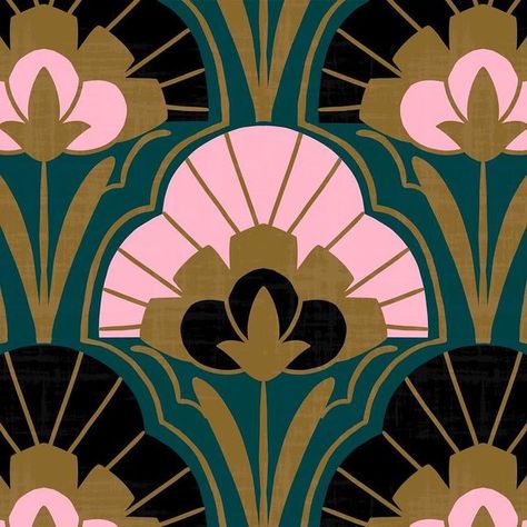 Tara Reed on Instagram: "One more Art Deco floral 💫 this one is for the “1920’s wallpaper” Spoonflower challenge. This was a really great challenge for me- it was fun researching the time period✨🖤 . . . . . . . . . #spoonflower #spoonflowerchallenge #wallpaperdecor #wallpaper #artdeco #artdecowallpaper #femaleillustrator #femaleartist #floralillustration #floralart #homedecor #wallpaperdesign #spoonflowerfabric" Modern Art Deco Colors, Art Deco Inspired Wallpaper, Art Deco Floral Design, Art Deco Floral Wallpaper, 1920s Patterns Art Deco, Art Deco Prints Pattern, Art Deco Flowers Illustration, Motif Art Deco 1920s, Artdeco Art Design