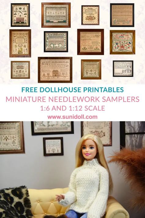 Miniature Printables Needlework Samplers - Suni Doll Free Miniature Printables, Room Box Miniatures, Wal Art, Dollhouse Miniature Tutorials, Doll Furniture Diy, Dollhouse Printables, Diy Doll Miniatures, Doll House Crafts, Miniature Printables