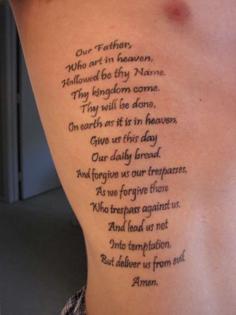 The Lord's Prayer Our Father Tattoo, Religous Tattoo Quotes Men, Lord’s Prayer Tattoo, Our Father Prayer Tattoo, The Devil Can Scrap But The Lord Has Won Tattoo, Lords Prayer Tattoo, Luis Tattoo, Nice Lettering, Prayer Tattoo