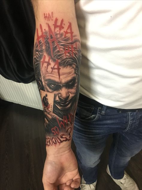 Joker Forearm Tattoo Design, Forarm Tattoos Joker, Haha Why So Serious Tattoo, Joker Half Sleeve Tattoo, Michele Myers Tattoo, Why Do Serious Tattoo, Joker Arm Tattoo Men, Joker Tattoos Men, Joker Shoulder Tattoo