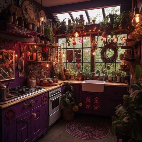 Whimsigoth Kitchen Aesthetic, Whimsical Goth Kitchen, Whimsigoth Kitchen Decor, Witchy Tiny House, Whimsy Goth Kitchen, Whimsigoth House Exterior, Whimsigoth Dining Room, Whimsigoth Home Decor, Witchy House Aesthetic