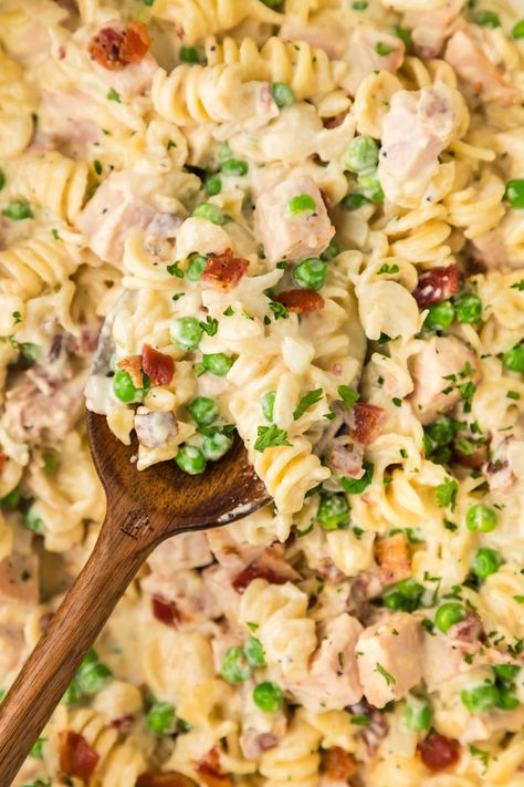 Turkey Carbonara Pasta, Chicken And Shrimp Carbonara, Bacon Peas, Carbonara Sauce, Bacon In The Oven, Carbonara Recipe, Easy Turkey, Carbonara Pasta, Chicken And Shrimp