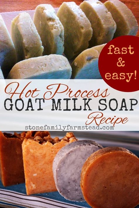 Making soap doesn't have to be hard! With this fast and easy hot process goat milk soap recipe, you can put soap on your shelf quickly and become a soapin' superhero! #soapmaking #hotprocesssoap #crockpotsoap #easysoapmaking #makesoapfast Goat Milk Soap Recipe Homemade Without Lye, Goat Milk Hot Process Soap Recipe, Homemade Goat Soap, Hot Process Goat Milk Soap Recipes, Fresh Goat Milk Soap Recipe, Crock Pot Soap Making Recipes, Diy Hot Process Soap Recipes, Goat Milk Soap Recipe Without Lye, How To Make Goat Milk Soap For Beginners