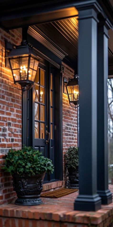 Angie Bailey Portico Makeover, Front Porch Lighting Ideas, Porch Lighting Ideas, Bayou House, Brick Bungalow, Front Door Lighting, Outdoor Painting, Front Porch Lighting, Brown Brick