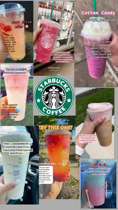 This is just lots of different Starbucks drink that sounded really good to me. Hope you like 💖💖💖💖 Starbucks Copycat Recipes Drinks, Starbucks Drink Menu, Starbucks Hacks, Starbucks Secret Menu Recipes, Fun Drink Recipe, Cold Starbucks Drinks, Starbucks Drinks Diy, Secret Starbucks Recipes, Iced Starbucks Drinks