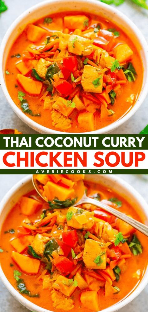 This Thai Coconut Curry Chicken Soup is amazing! Easy and ready in 30 minutes, this chicken dinner idea will become one of your go-to comfort food. Hearty yet healthy with plenty of vegetables, this simple soup recipe will keep you full! Thai Coconut Curry Chicken Soup, Thai Chicken Curry Soup, Coconut Curry Chicken Soup, Curry Chicken Soup, Thai Coconut Curry Chicken, Chicken Curry Soup, Thai Coconut Curry, Thai Chicken Curry, Simple Soup