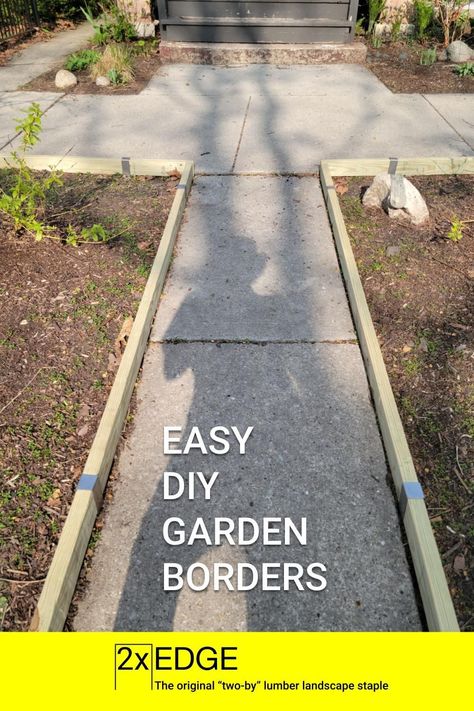 Here's a new landscape edging solution that will have your "hell strip" gardening project completed in no time! Use to create flower beds and garden borders along your parkway (or "tree lawn"). All you need is 2xEDGE "two-by" lumber landscape staples, lumber, and a mallet. Add new landscape edging for paths and walkways in minutes - no digging or drilling required. 2xEDGE makes it quick & easy to bring your garden design to life. 2x4 Edging Landscape, Landscaping Timber Ideas Edging, Wood Landscape Edging Ideas, Wood Border Landscaping, Mulch Bed Edging, Wood Edging Landscape, Diy Edging Landscape Cheap, Walkway Edging Ideas, Fence Edge Landscaping