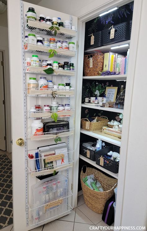 Organize Supplements in a Magical Herb Closet Supplement Organization Kitchen, Countertop Vitamin Organization, Supplement Cabinet Organization, Supplements Storage Ideas, Supplements Organization Ideas, Herb Closet, Supplement Organization Ideas, Organize Supplements, Vitamin Storage Ideas