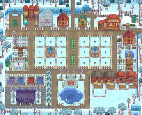 Stardew Valley Winter Farm, Sdv Farm Layout Standard, Standard Farm Layout Stardew, Stardew Decoration, Stardew Valley Winter, Stardew Valley Standard Farm Layout, Stardew Valley Farm Layout Standard, Stardew Tips, Farm Layouts