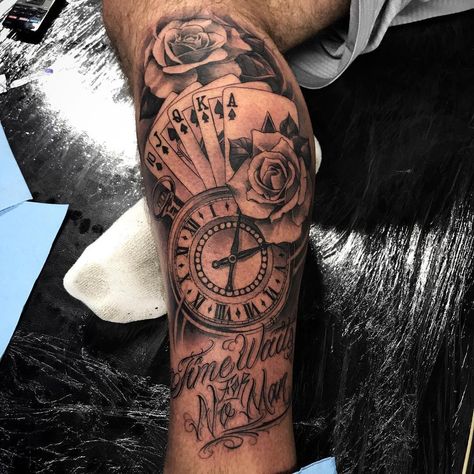 7,790 Likes, 48 Comments - △✈️🗺JM (@mendozajeffry) on Instagram: “Friday ☕️ #VAtattoostudio #visualarttattoostudio #JMendoza #keepmoving #neverstop #justhustle…” Clock Tattoo Ideas, Tattoo Ideas Leg, Card Tattoos, Poker Tattoo, Lock Tattoo, Money Tattoo, Clock Tattoo Design, Forarm Tattoos, Roses Tattoo