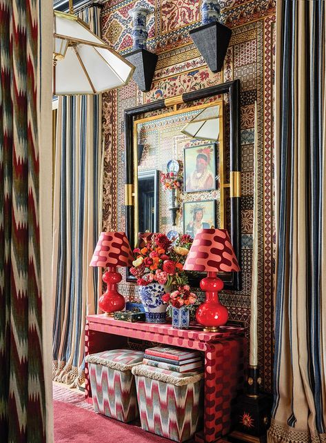 Flower Magazine Showhouse Entrance Hall vignette Home Entrance Art, Eclectic Mudroom Entryway, Wallpaper Entrance Hall Entryway, Entryway Maximalist, Entryway Ideas Maximalist, Maximalist Entryway Decor, Desert Maximalism, Cluttered Entryway, Maximalist Entryway